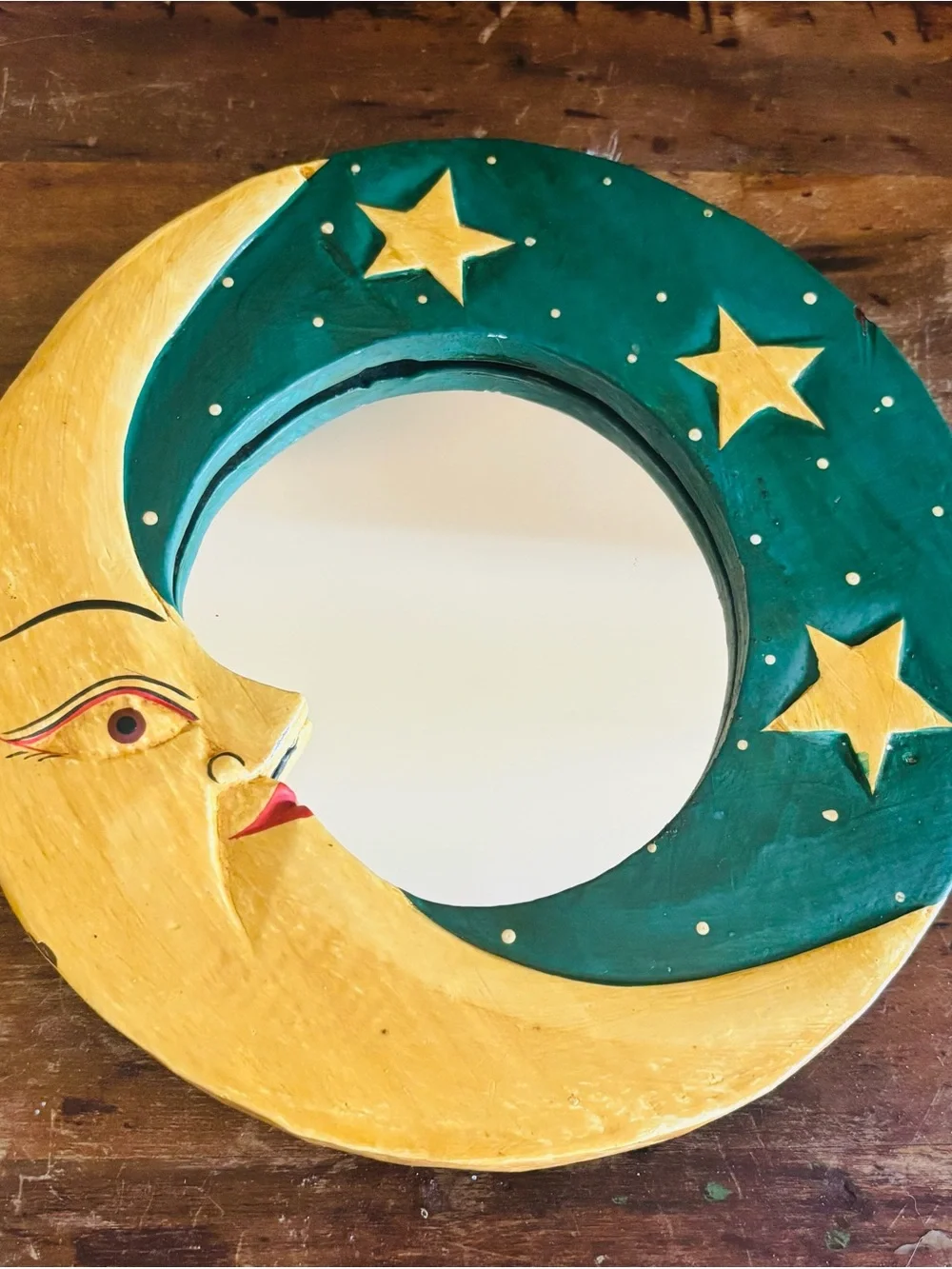 Whimsigoth 1990’s Hand-Painted Moon & Stars Wall Mirror - Yellow and Dark Green